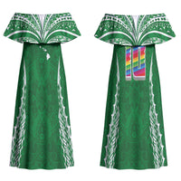 Custom Hawaii Rainbow Warriors Family Matching Off Shoulder Maxi Dress and Hawaiian Shirt Polynesian Motif Green Color