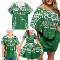 Custom Hawaii Rainbow Warriors Family Matching Off Shoulder Short Dress and Hawaiian Shirt Polynesian Motif Green Color