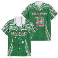 Custom Hawaii Rainbow Warriors Family Matching Off Shoulder Short Dress and Hawaiian Shirt Polynesian Motif Green Color
