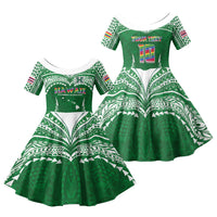 Custom Hawaii Rainbow Warriors Family Matching Short Sleeve Bodycon Dress and Hawaiian Shirt Polynesian Motif Green Color