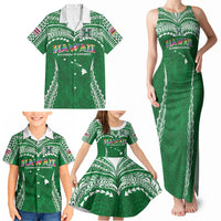 Custom Hawaii Rainbow Warriors Family Matching Tank Maxi Dress and Hawaiian Shirt Polynesian Motif Green Color