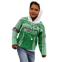 Custom Hawaii Rainbow Warriors Kid Hoodie Polynesian Motif Green Color