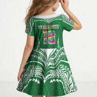 Custom Hawaii Rainbow Warriors Kid Short Sleeve Dress Polynesian Motif Green Color