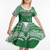 Custom Hawaii Rainbow Warriors Kid Short Sleeve Dress Polynesian Motif Green Color