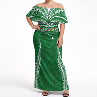 Custom Hawaii Rainbow Warriors Off Shoulder Maxi Dress Polynesian Motif Green Color