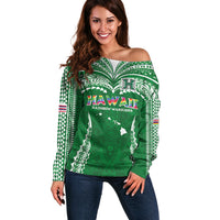 Custom Hawaii Rainbow Warriors Off Shoulder Sweater Polynesian Motif Green Color