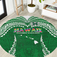 Hawaii Rainbow Warriors Round Carpet Polynesian Motif Green Color