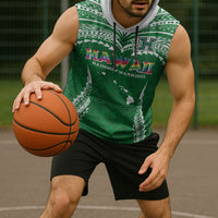 Custom Hawaii Rainbow Warriors Sleeveless Hoodie Polynesian Motif Green Color