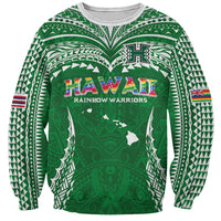 Custom Hawaii Rainbow Warriors Sweatshirt Polynesian Motif Green Color
