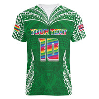 Custom Hawaii Rainbow Warriors Women V-Neck T-Shirt Polynesian Motif Green Color