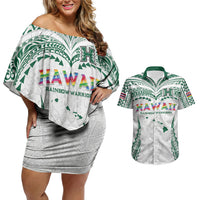 Custom Hawaii Rainbow Warriors Couples Matching Off Shoulder Short Dress and Hawaiian Shirt Polynesian Motif White Color