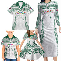 Custom Hawaii Rainbow Warriors Family Matching Long Sleeve Bodycon Dress and Hawaiian Shirt Polynesian Motif White Color