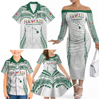 Custom Hawaii Rainbow Warriors Family Matching Off The Shoulder Long Sleeve Dress and Hawaiian Shirt Polynesian Motif White Color