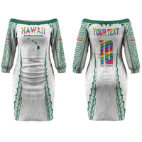 Custom Hawaii Rainbow Warriors Family Matching Off The Shoulder Long Sleeve Dress and Hawaiian Shirt Polynesian Motif White Color