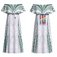 Custom Hawaii Rainbow Warriors Family Matching Off Shoulder Maxi Dress and Hawaiian Shirt Polynesian Motif White Color