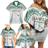 Custom Hawaii Rainbow Warriors Family Matching Off Shoulder Short Dress and Hawaiian Shirt Polynesian Motif White Color