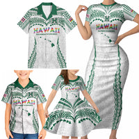 Custom Hawaii Rainbow Warriors Family Matching Short Sleeve Bodycon Dress and Hawaiian Shirt Polynesian Motif White Color