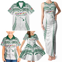 Custom Hawaii Rainbow Warriors Family Matching Tank Maxi Dress and Hawaiian Shirt Polynesian Motif White Color