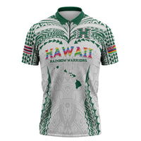 Custom Hawaii Rainbow Warriors Zipper Polo Shirt Polynesian Motif White Color