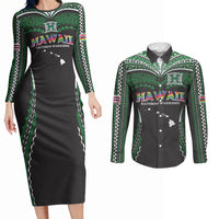 Custom Hawaii Rainbow Warriors Couples Matching Long Sleeve Bodycon Dress and Long Sleeve Button Shirt Polynesian Motif Black Color