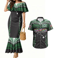 Custom Hawaii Rainbow Warriors Couples Matching Mermaid Dress and Hawaiian Shirt Polynesian Motif Black Color