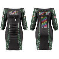 Custom Hawaii Rainbow Warriors Couples Matching Off The Shoulder Long Sleeve Dress and Long Sleeve Button Shirt Polynesian Motif Black Color