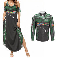 Custom Hawaii Rainbow Warriors Couples Matching Summer Maxi Dress and Long Sleeve Button Shirt Polynesian Motif Black Color