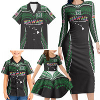 Custom Hawaii Rainbow Warriors Family Matching Long Sleeve Bodycon Dress and Hawaiian Shirt Polynesian Motif Black Color