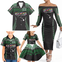 Custom Hawaii Rainbow Warriors Family Matching Off The Shoulder Long Sleeve Dress and Hawaiian Shirt Polynesian Motif Black Color