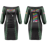 Custom Hawaii Rainbow Warriors Family Matching Off The Shoulder Long Sleeve Dress and Hawaiian Shirt Polynesian Motif Black Color