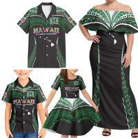 Custom Hawaii Rainbow Warriors Family Matching Off Shoulder Maxi Dress and Hawaiian Shirt Polynesian Motif Black Color