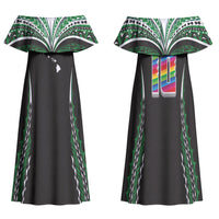 Custom Hawaii Rainbow Warriors Family Matching Off Shoulder Maxi Dress and Hawaiian Shirt Polynesian Motif Black Color
