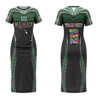 Custom Hawaii Rainbow Warriors Family Matching Short Sleeve Bodycon Dress and Hawaiian Shirt Polynesian Motif Black Color