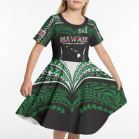 Custom Hawaii Rainbow Warriors Kid Short Sleeve Dress Polynesian Motif Black Color