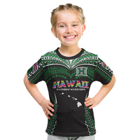 Custom Hawaii Rainbow Warriors Kid T Shirt Polynesian Motif Black Color