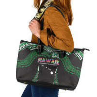 Hawaii Rainbow Warriors Leather Tote Bag Polynesian Motif Black Color