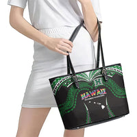Hawaii Rainbow Warriors Leather Tote Bag Polynesian Motif Black Color