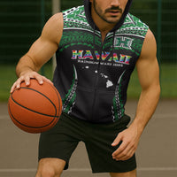 Custom Hawaii Rainbow Warriors Sleeveless Zip Hoodie Polynesian Motif Black Color