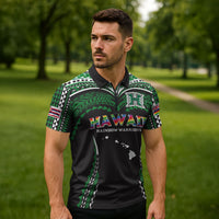 Custom Hawaii Rainbow Warriors Zipper Polo Shirt Polynesian Motif Black Color