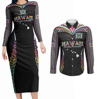 Custom Hawaii Rainbow Warriors Couples Matching Long Sleeve Bodycon Dress and Long Sleeve Button Shirt Polynesian Motif Special Edition Rainbow Gradient