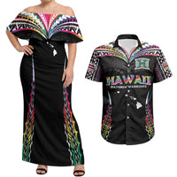 Custom Hawaii Rainbow Warriors Couples Matching Off Shoulder Maxi Dress and Hawaiian Shirt Polynesian Motif Special Edition Rainbow Gradient