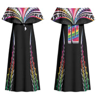 Custom Hawaii Rainbow Warriors Couples Matching Off Shoulder Maxi Dress and Long Sleeve Button Shirt Polynesian Motif Special Edition Rainbow Gradient