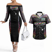 Custom Hawaii Rainbow Warriors Couples Matching Off The Shoulder Long Sleeve Dress and Hawaiian Shirt Polynesian Motif Special Edition Rainbow Gradient