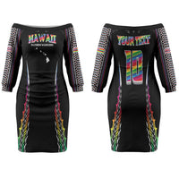 Custom Hawaii Rainbow Warriors Couples Matching Off The Shoulder Long Sleeve Dress and Hawaiian Shirt Polynesian Motif Special Edition Rainbow Gradient
