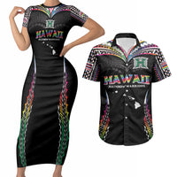 Custom Hawaii Rainbow Warriors Couples Matching Short Sleeve Bodycon Dress and Hawaiian Shirt Polynesian Motif Special Edition Rainbow Gradient