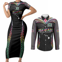 Custom Hawaii Rainbow Warriors Couples Matching Short Sleeve Bodycon Dress and Long Sleeve Button Shirt Polynesian Motif Special Edition Rainbow Gradient