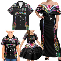 Custom Hawaii Rainbow Warriors Family Matching Off Shoulder Maxi Dress and Hawaiian Shirt Polynesian Motif Special Edition Rainbow Gradient