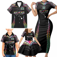 Custom Hawaii Rainbow Warriors Family Matching Short Sleeve Bodycon Dress and Hawaiian Shirt Polynesian Motif Special Edition Rainbow Gradient