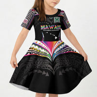 Custom Hawaii Rainbow Warriors Kid Short Sleeve Dress Polynesian Motif Special Edition Rainbow Gradient