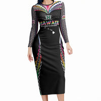 Custom Hawaii Rainbow Warriors Long Sleeve Bodycon Dress Polynesian Motif Special Edition Rainbow Gradient